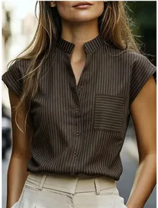 Close up view of women brown vertical striped short sleeve shirt with mandarin collar pocket