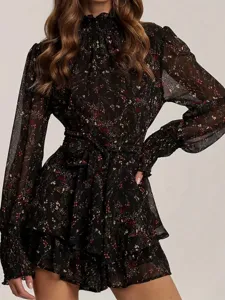Robe Midi Trapèze Manches Longues Col Montant Femme Élégante Casual Imprimé Floral Coupe Slim Cintrée Style Commuter Vintage