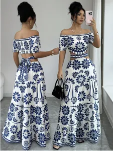 Off-shoulder crop top and high waist cut-out maxi skirt set, blue floral vacation dress.