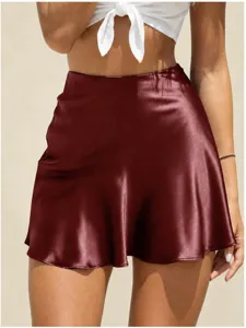 Burgundy satin mini skirt women high waist solid color cute flared skater short skirt 80s
