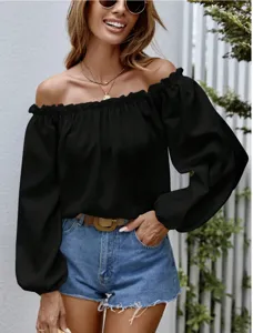 Detailed view of women off shoulder long sleeve black blouse casual commuter elegant top