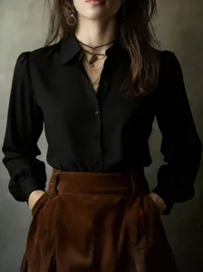Elegant women's long sleeve black button down shirt with buttons for chic daily commuting style.