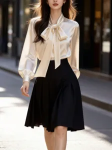 Elegant satin bow tie long sleeve blouse for women, perfect casual workwear shirt.