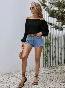 Off-the-shoulder long sleeve black blouse, casual elegant solid color top for women.