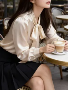 Elegant tie-neck satin blouse, stylish long sleeve solid color commuter top for women.