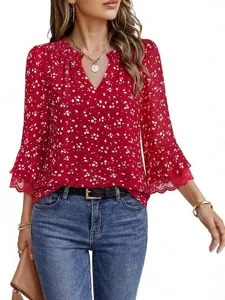 Women's Casual Floral Long Sleeve Blouse V-Neck Lace Trim Pullover Regular Fit Polyester Fashion Commuting Shirt