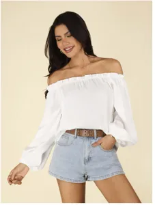 Detail of chic off-shoulder long sleeve blouse with elegant ruffle collar trim.