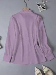 Lavender commuter long-sleeve blouse back view, elegant solid color drape top for women.