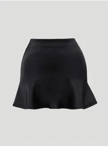 Black satin ruffled mini skirt, high waist sexy slim fit design for chic commute style.