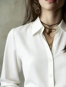 Close-up detail of women's white long-sleeve button-down shirt, elegant collar and chic layers.
