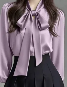 Elegant satin pussy-bow long sleeve blouse detail, gentle commuter style solid top.