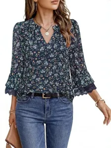 Chic floral long sleeve blouse for women featuring elegant V-neck and delicate lace trim cuffs.