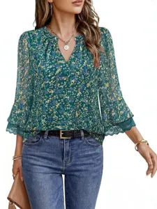 Chic floral print long sleeve V-neck blouse with delicate lace trim cuffs for women