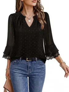 Elegant black V-neck long sleeve blouse with lace trim cuffs and shimmering dots.
