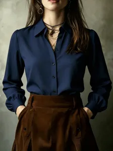 Close-up detail of dark blue long sleeve shirt with classic lapel and chic lantern sleeves.