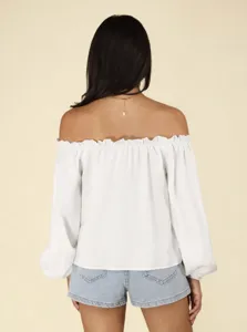 White off-shoulder long sleeve blouse for women casual elegant ruffle collar top