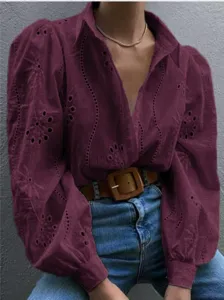 Vintage Floral Eyelet Embroidery Long Sleeve Blouse Casual Lapel Puff Sleeve Shirt Top
