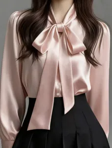 Silk satin blouse detail, pink bow tie collar, elegant long sleeve top for women work wear.