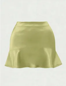 Detail shot of light green ruffle mini skirt, satin fabric, high waist, stylish commuter fashion