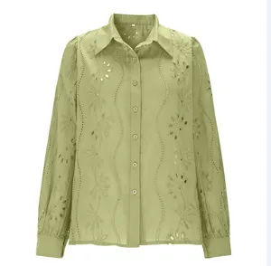 Green eyelet embroidered long sleeve lapel shirt featuring chic floral hollow design.