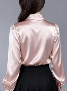 Pink satin blouse back view, elegant long sleeve shirt for women gentle commuting wear.