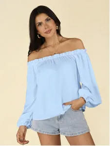 Detailed shot of the light blue off shoulder long sleeve blouse, elegant feminine daily wear.