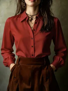 Elegant red long-sleeve button-down shirt for women, perfect for office and casual wear.