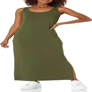 Robe longue moulante vert olive à bretelles et fente, robe décontractée sans manches.