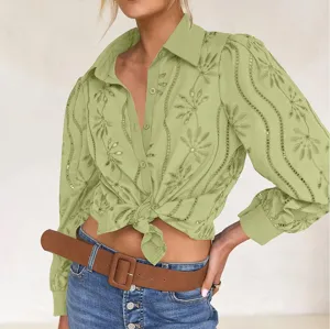 Elegant green floral embroidered long sleeve blouse with lapel collar and chic tie front.