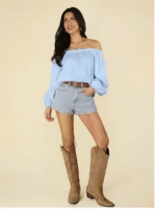 Chic off-the-shoulder light blue long sleeve blouse for women casual fashion detail view.