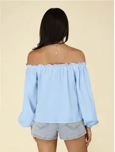 Stylish off-the-shoulder long sleeve blouse with ruffled collar detail for casual daily wear.