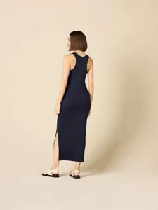 Robe longue fendue côtelée sans manches slim pour femme élégante robe décontractée