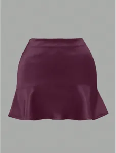 Women faux leather mini skirt high waist ruffle hem sexy slim fit dark purple fashion apparel