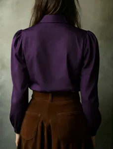 Detailed view of women purple long sleeve blouse, elegant lantern sleeve shirt back design.