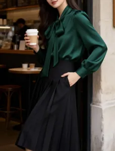 Green satin bow tie long sleeve blouse detail view, elegant professional commuter top scene.