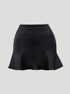 Black satin mini skirt with a stylish ruffled hem, perfectly showcasing a chic bodycon fit.
