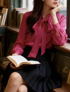 Elegant bow tie long sleeve blouse, soft commuter shirt for women, stylish draped top.