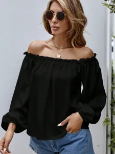 Women's Casual Off-Shoulder Long-Sleeve Shirt Ruffle Boat-Neck Solid Color Loose Commuting Versatile Top