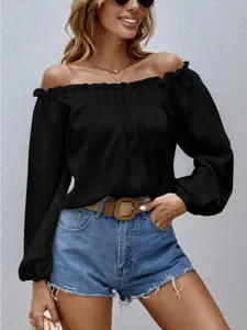 Women elegant off shoulder black long sleeve blouse casual stylish daily wear apparel