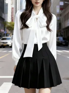 Elegant white bow tie blouse detail shot, chic office lady style, smooth silky fabric texture.