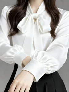 Women Elegant Bow Tie Neck Satin Blouse Lantern Sleeve Silky Polyester Blouse Gentle Commute Office Wear Long Sleeve Top