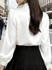 Elegant white satin blouse for women, featuring chic puff sleeves and stylish commuter design.