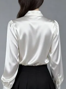 Elegant white satin long sleeve blouse back view, premium minimalist office wear top.