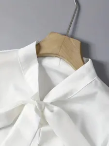 White ribbon bow collar blouse, elegant commuter style long sleeve top for women.