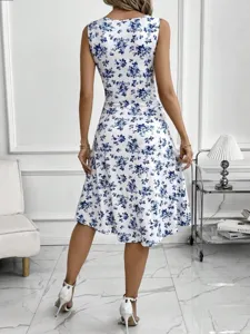 Detail view of the elegant blue and white floral sleeveless midi dress, back design.