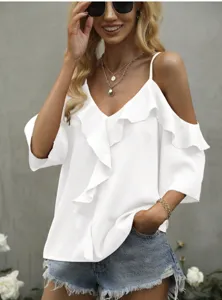 Casual white cold shoulder ruffle camisole top V-neck loose summer vacation shirt