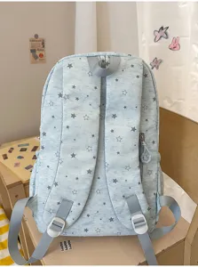 Cute star print school backpack, lightweight casual daypack for student girls, light blue.