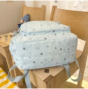 Korean style cute star print school backpack casual canvas casual bookbag light blue daypack