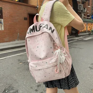 Korean style cute star print schoolbag for women, lightweight casual backpack with ribbon pendant