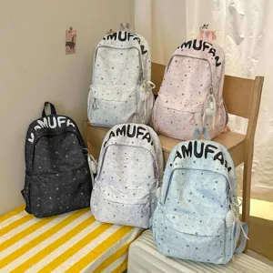 Korean style cute star print school backpack for teenage girls, large capacity casual daypack.